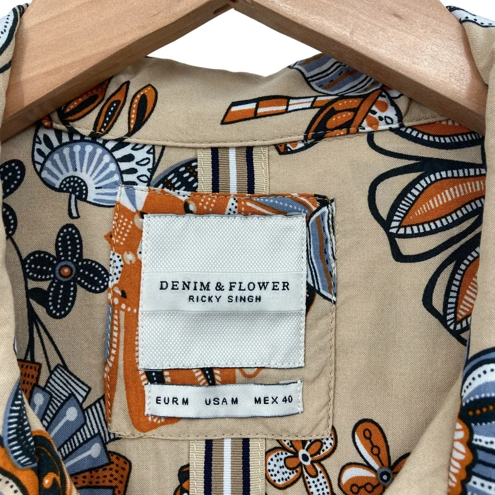 Denim & Flower Ricky Singh Floral Print Button Down Shirt Medium Men's Viscose